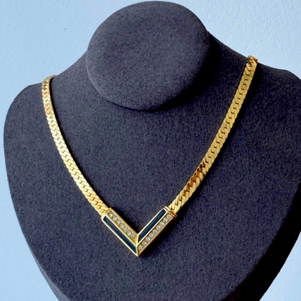 Christian Dior 18K gold plated vintage flat necklace with enamel and crystal
